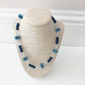 NWT Genuine Murano Glass, Czech Crystal & Glass Beads Necklace Blue White Flower